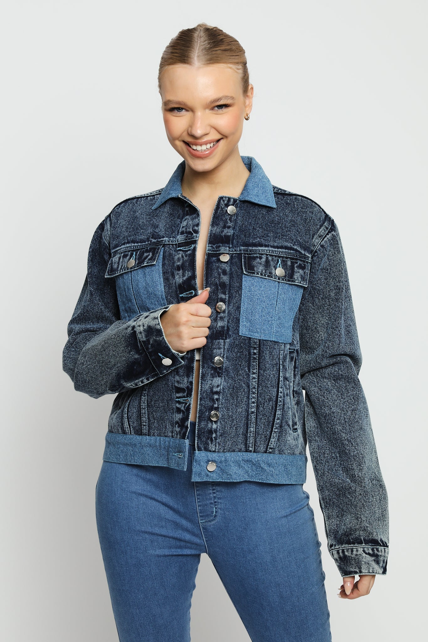 Dusk Two - Tone Denim Jacket – Mid Blue Wash - JMOJO - Women's Denim Jacket