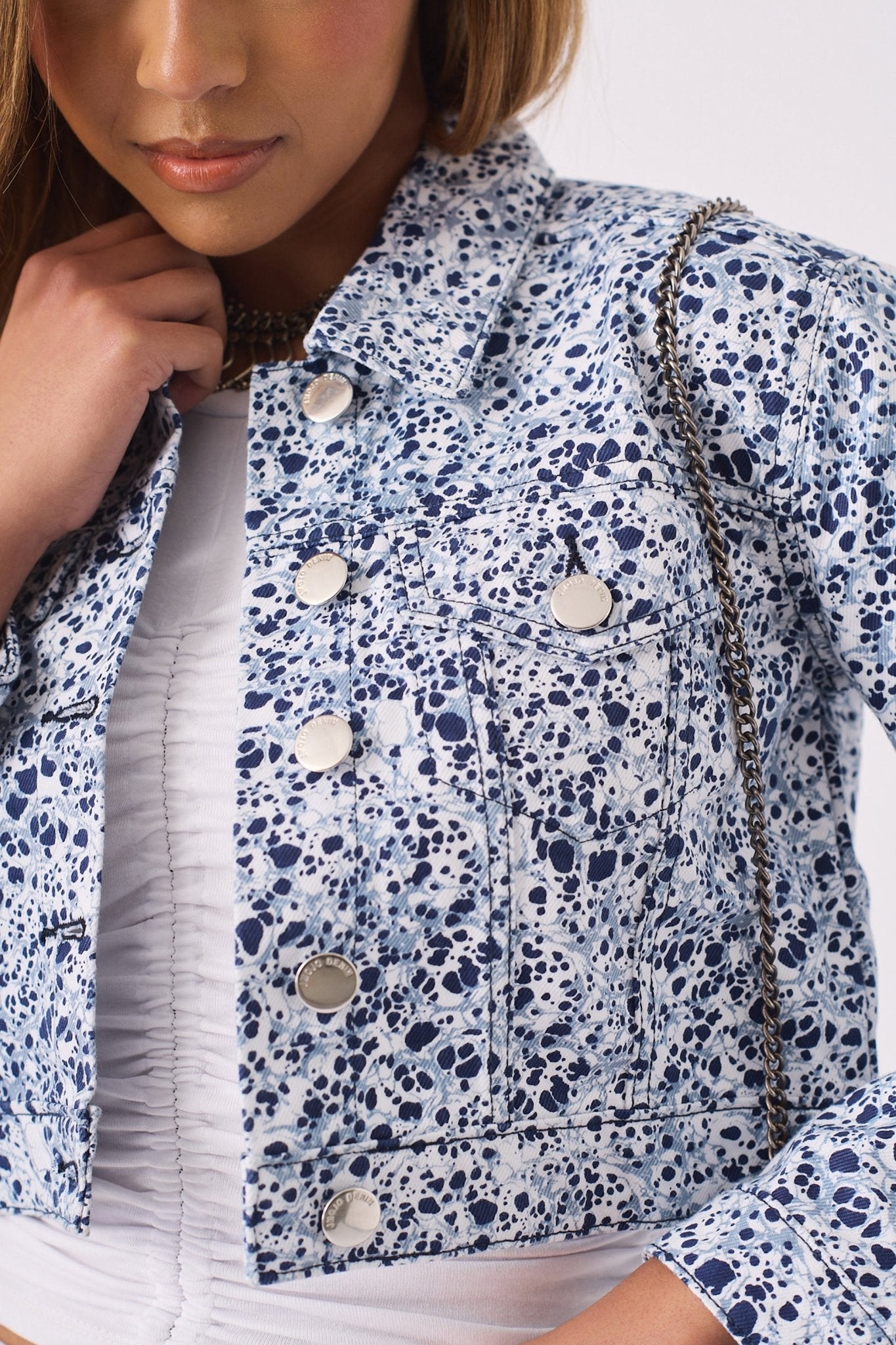 Etch Denim Trucker Jacket – Dark Blue - JMOJO - Women's Printed Cropped Denim Jackets