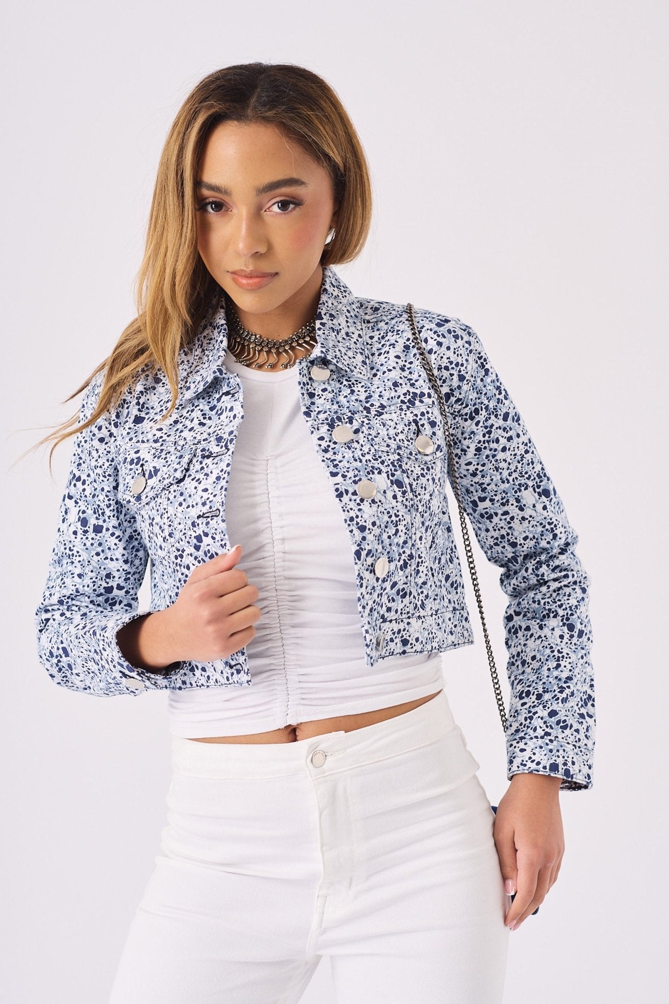 Etch Denim Trucker Jacket – Dark Blue - JMOJO - Women's Printed Cropped Denim Jackets