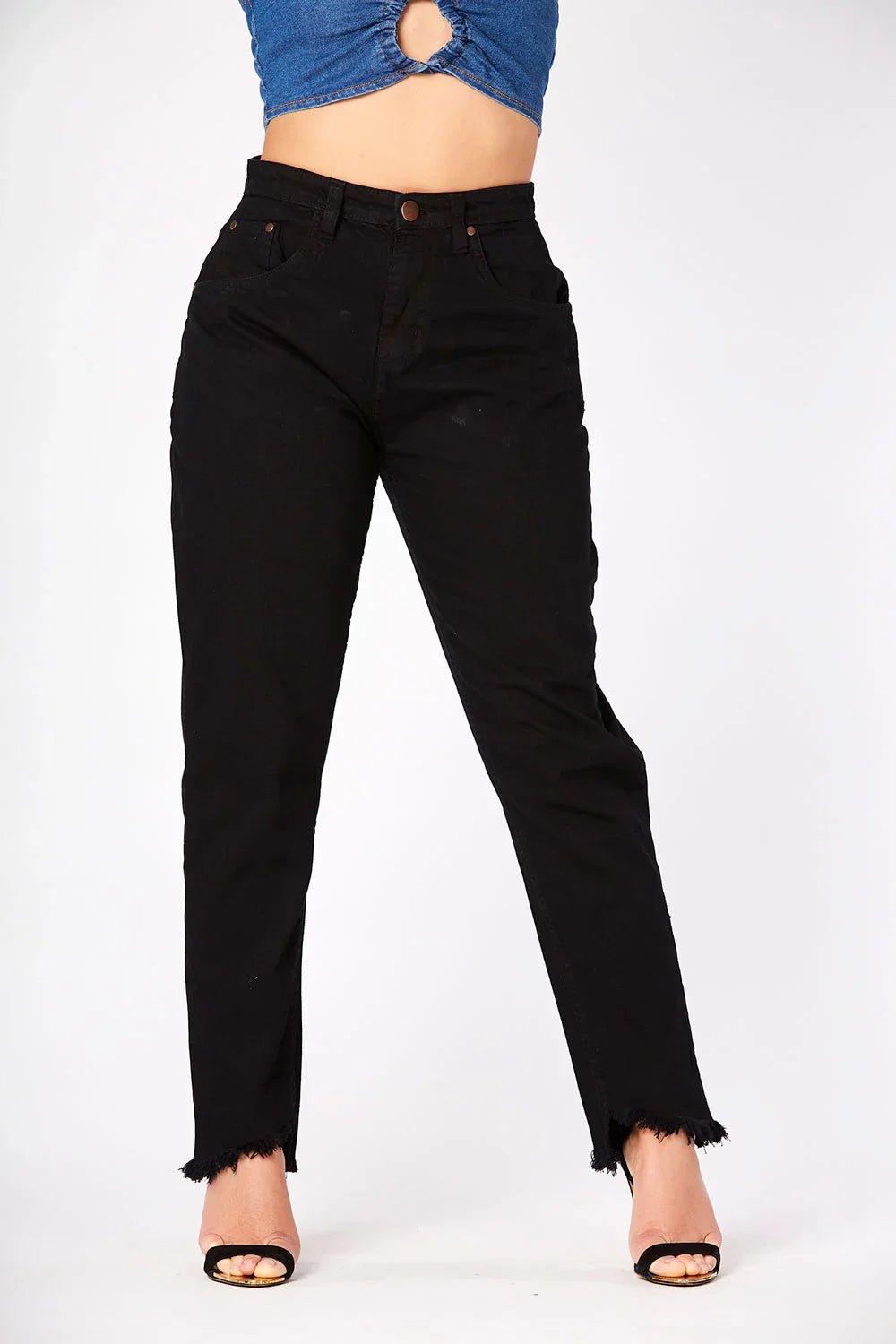 Evora High Rise Frayed Hem Straight Leg Jeans - Black - JMOJO - Women's Straight Leg Jeans