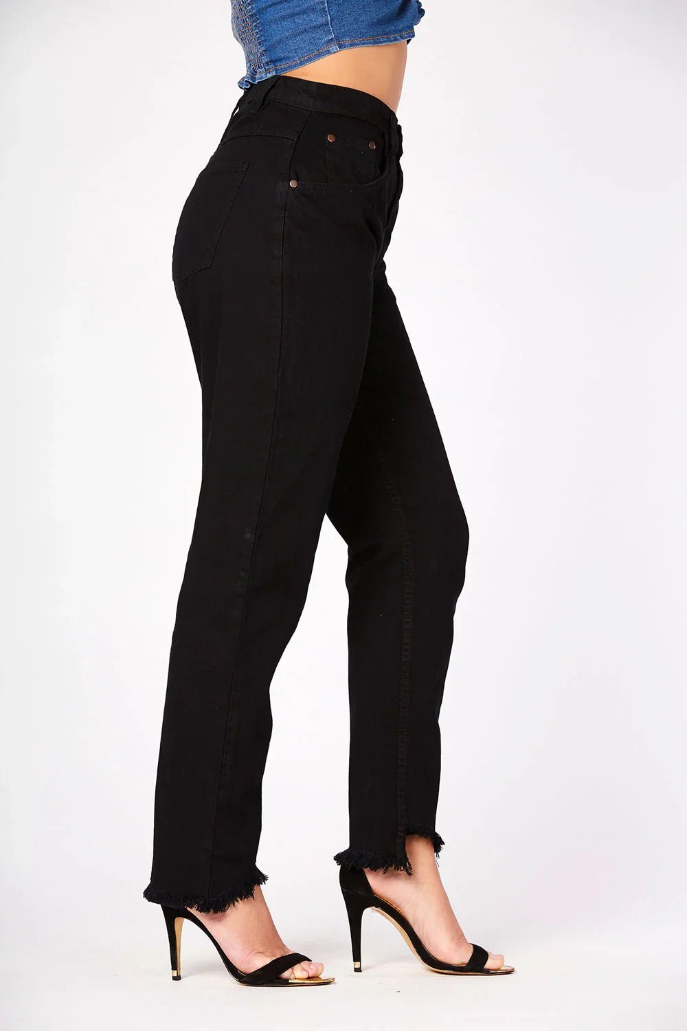 Evora High Rise Frayed Hem Straight Leg Jeans - Black - JMOJO - Women's Straight Leg Jeans