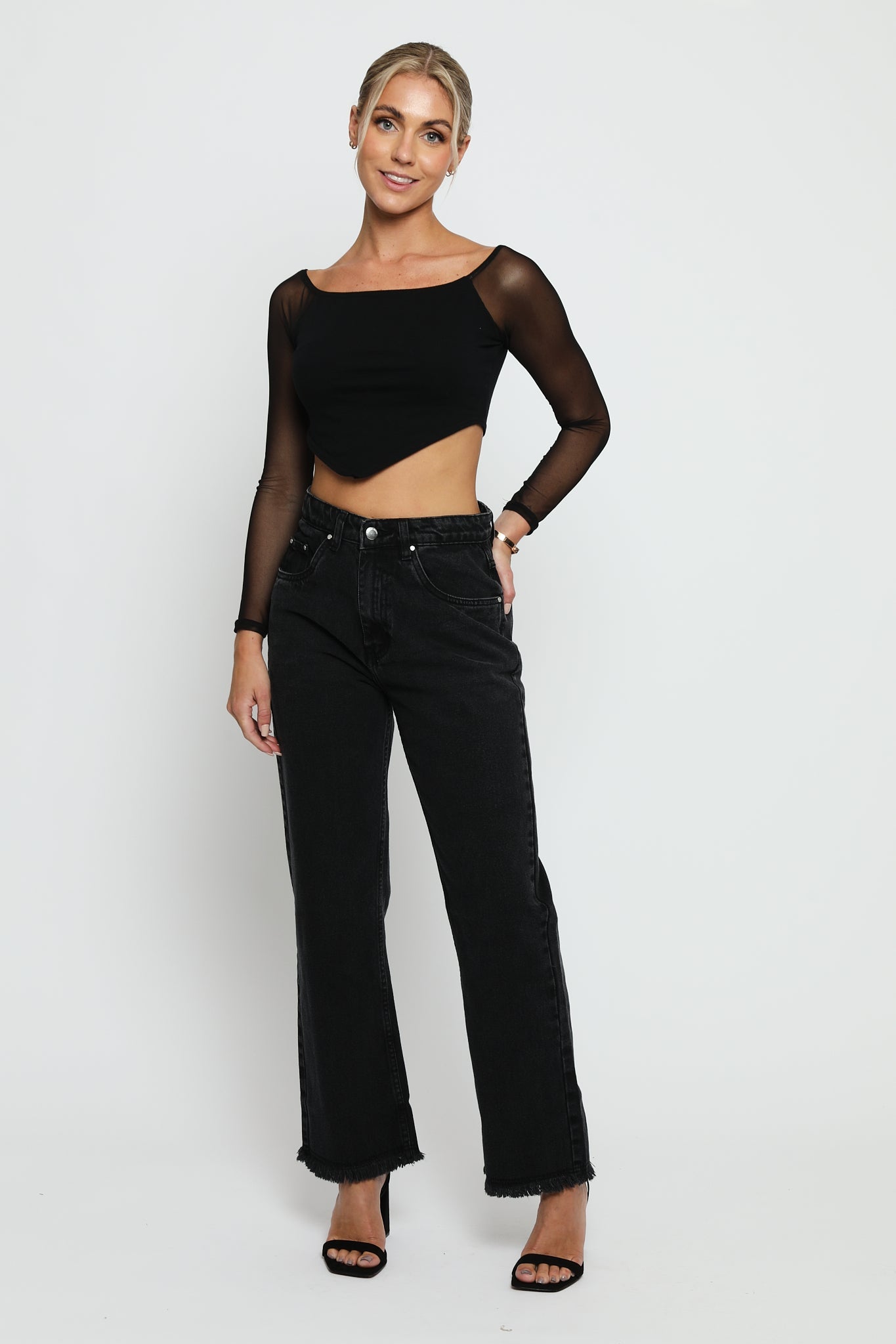 Evora High Rise Straight Leg Frayed Hem Jeans - Black Wash - JMOJO - Women's Straight Leg Jeans