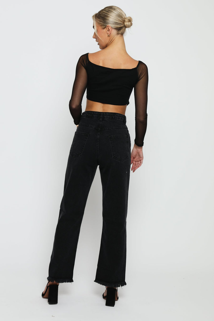 Evora High Rise Straight Leg Frayed Hem Jeans - Black Wash - JMOJO - Women's Straight Leg Jeans