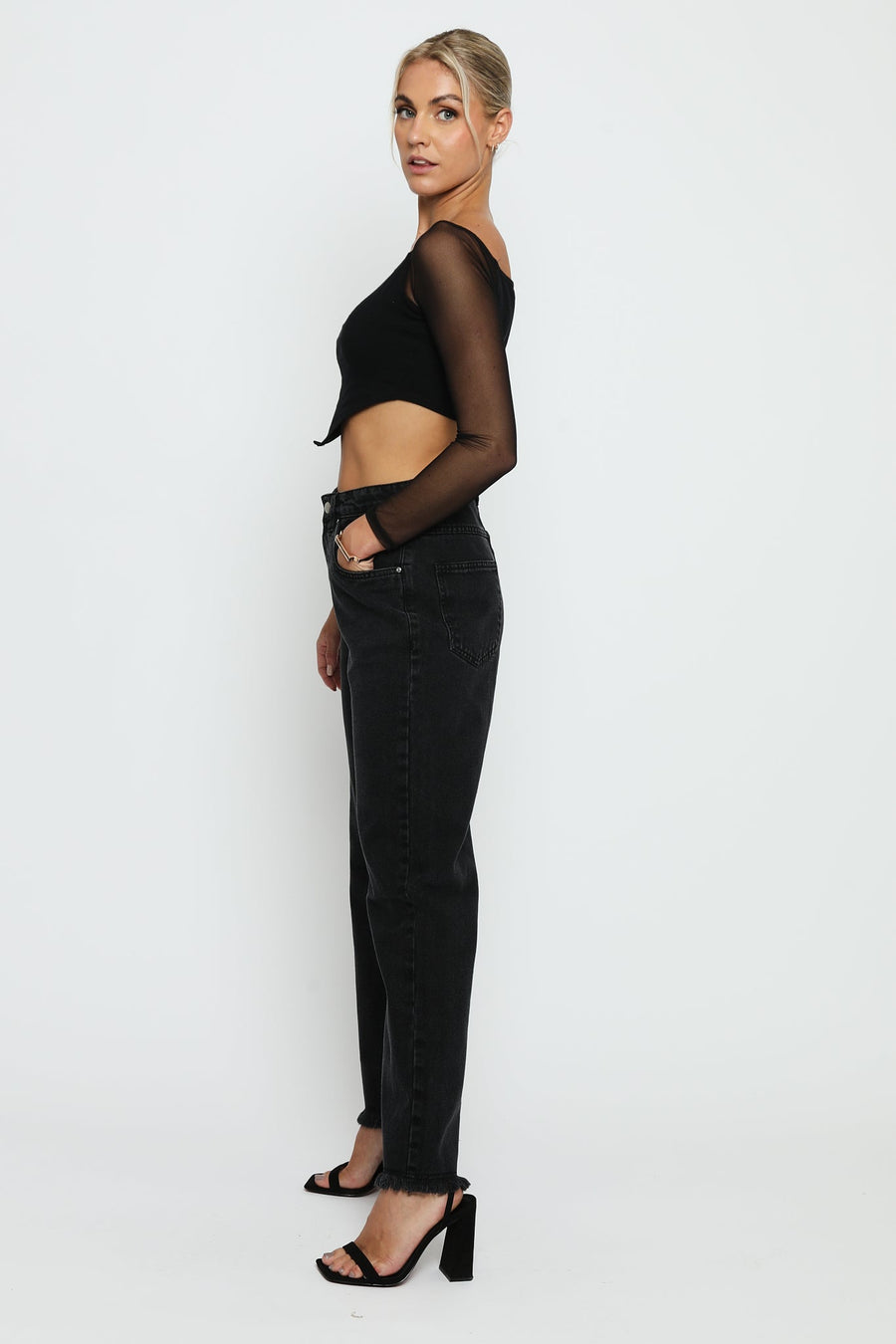 Evora High Rise Straight Leg Frayed Hem Jeans - Black Wash - JMOJO - Women's Straight Leg Jeans