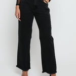 Evora High Rise Straight Leg Frayed Hem Jeans - Black Wash - JMOJO - Women's Straight Leg Jeans