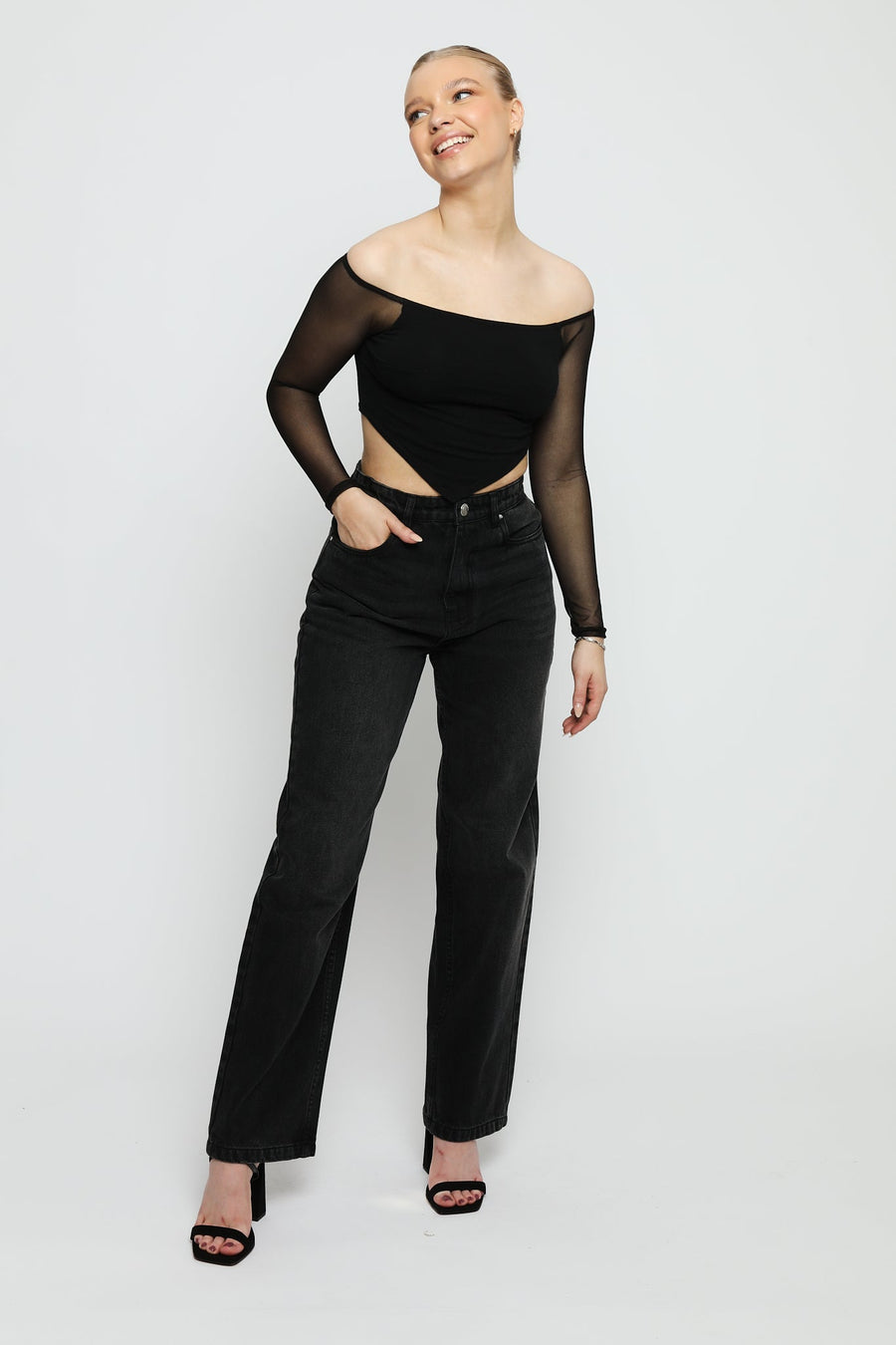 Evora High Waisted Stretch Relaxed Straight Leg Jeans - Black Wash - JMOJO - Women's Straight Leg Jeans