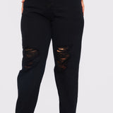 Evora Plus Size High Waisted Straight Leg Ripped Jeans - Black - JMOJO - Women's Straight Leg Jeans