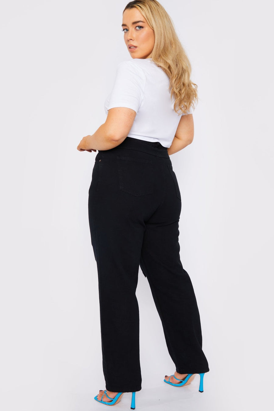 Evora Plus Size High Waisted Straight Leg Ripped Jeans - Black - JMOJO - Women's Straight Leg Jeans