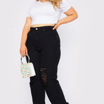 Evora Plus Size High Waisted Straight Leg Ripped Jeans - Black - JMOJO - Women's Straight Leg Jeans