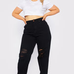 Evora Plus Size High Waisted Straight Leg Ripped Jeans - Black - JMOJO - Women's Straight Leg Jeans