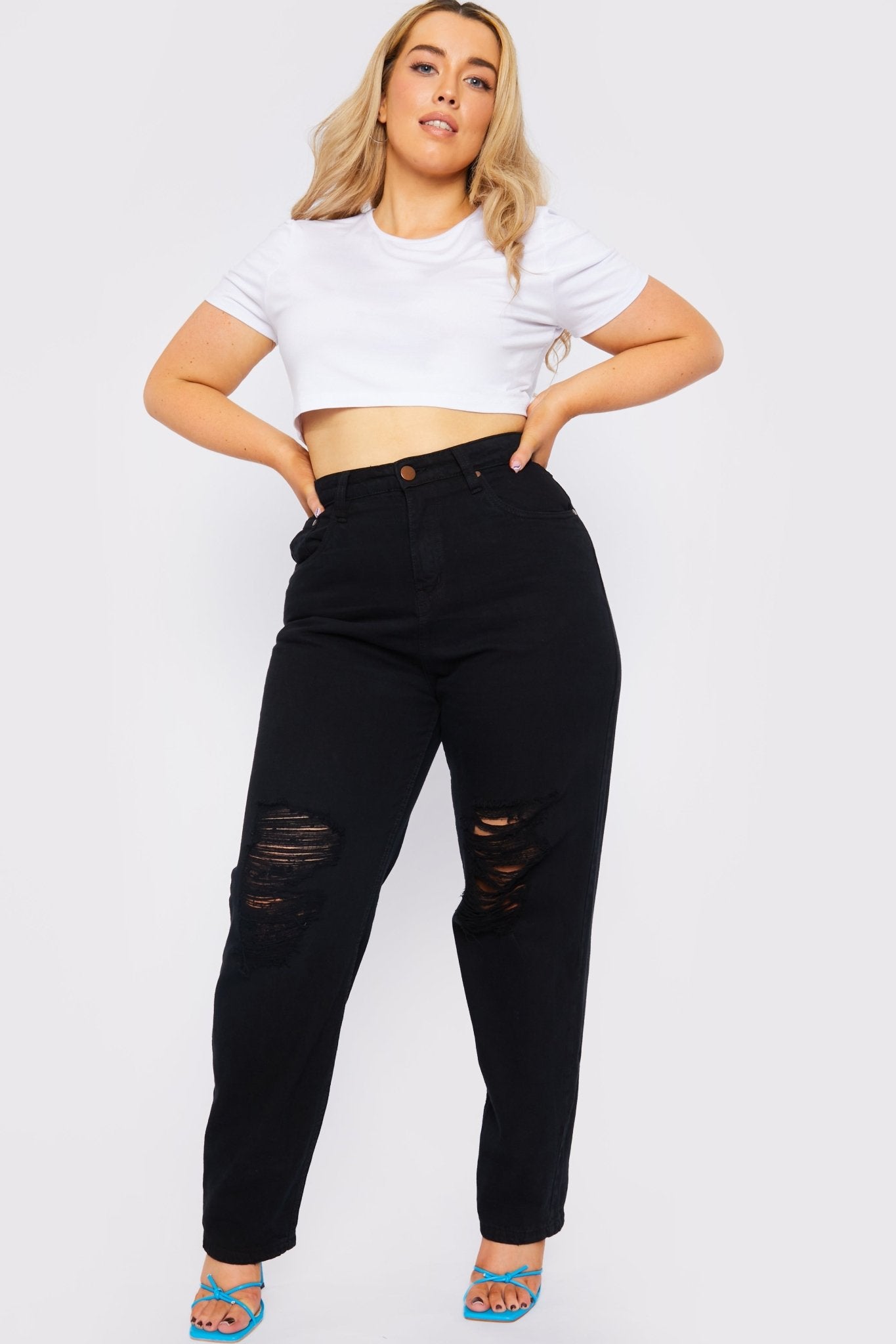 Evora Plus Size High Waisted Straight Leg Ripped Jeans - Black - JMOJO - Women's Straight Leg Jeans