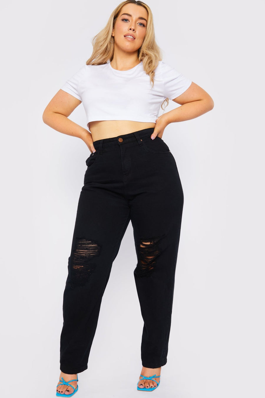 Evora Plus Size High Waisted Straight Leg Ripped Jeans - Black - JMOJO - Women's Straight Leg Jeans
