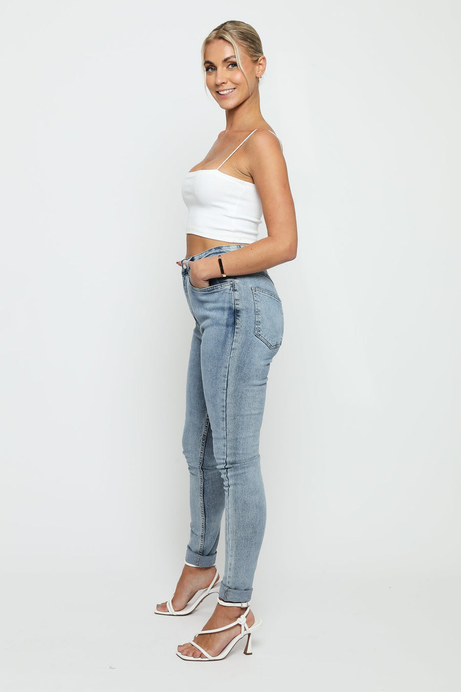Feriya High Rise Stretch Denim Skinny Jeans - Stone Blue - JMOJO - Women's Skinny Jeans