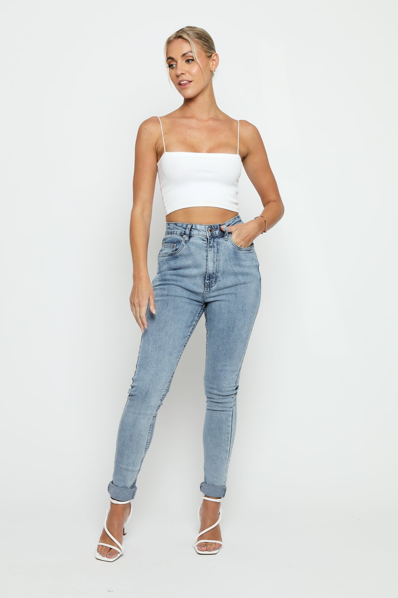 Feriya High Rise Stretch Denim Skinny Jeans - Stone Blue - JMOJO - Women's Skinny Jeans