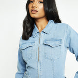 FIT AND FLARE DENIM JUMPSUIT - LIGHT BLUE WASH - JMOJO - Women's Denim Jumpsuits