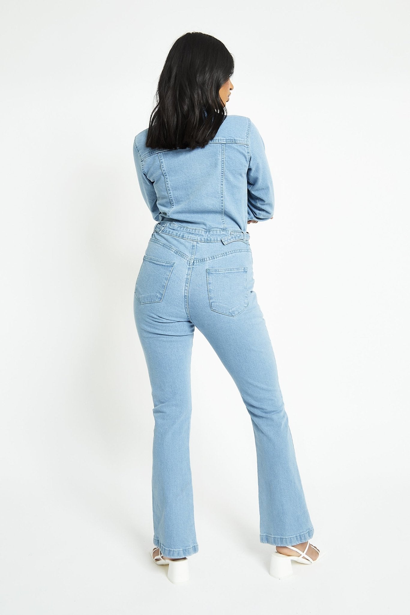 FIT AND FLARE DENIM JUMPSUIT - LIGHT BLUE WASH - JMOJO - Women's Denim Jumpsuits
