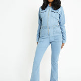 FIT AND FLARE DENIM JUMPSUIT - LIGHT BLUE WASH - JMOJO - Women's Denim Jumpsuits