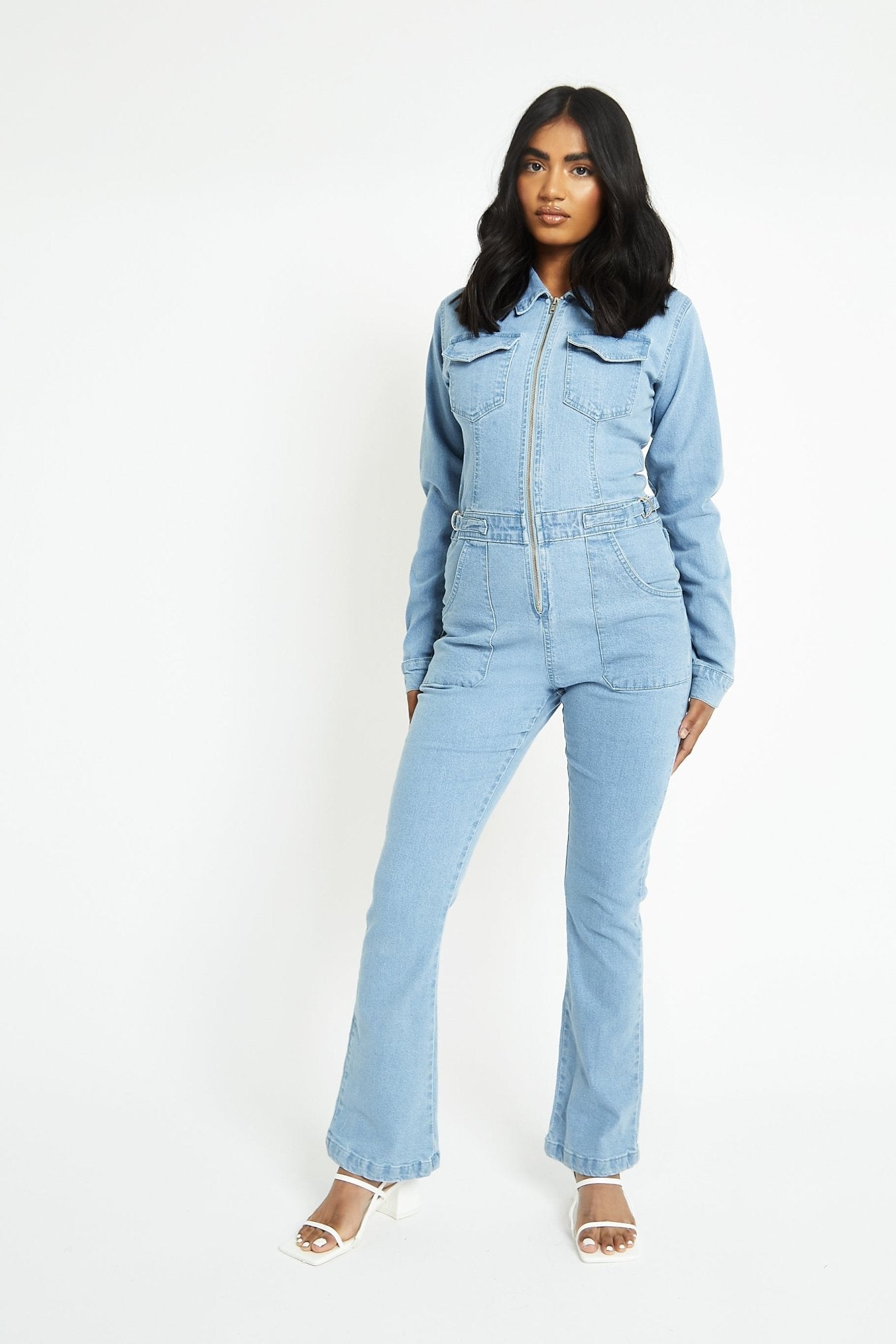 FIT AND FLARE DENIM JUMPSUIT - LIGHT BLUE WASH - JMOJO - Women's Denim Jumpsuits