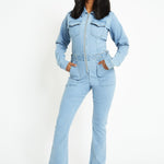 FIT AND FLARE DENIM JUMPSUIT - LIGHT BLUE WASH - JMOJO - Women's Denim Jumpsuits
