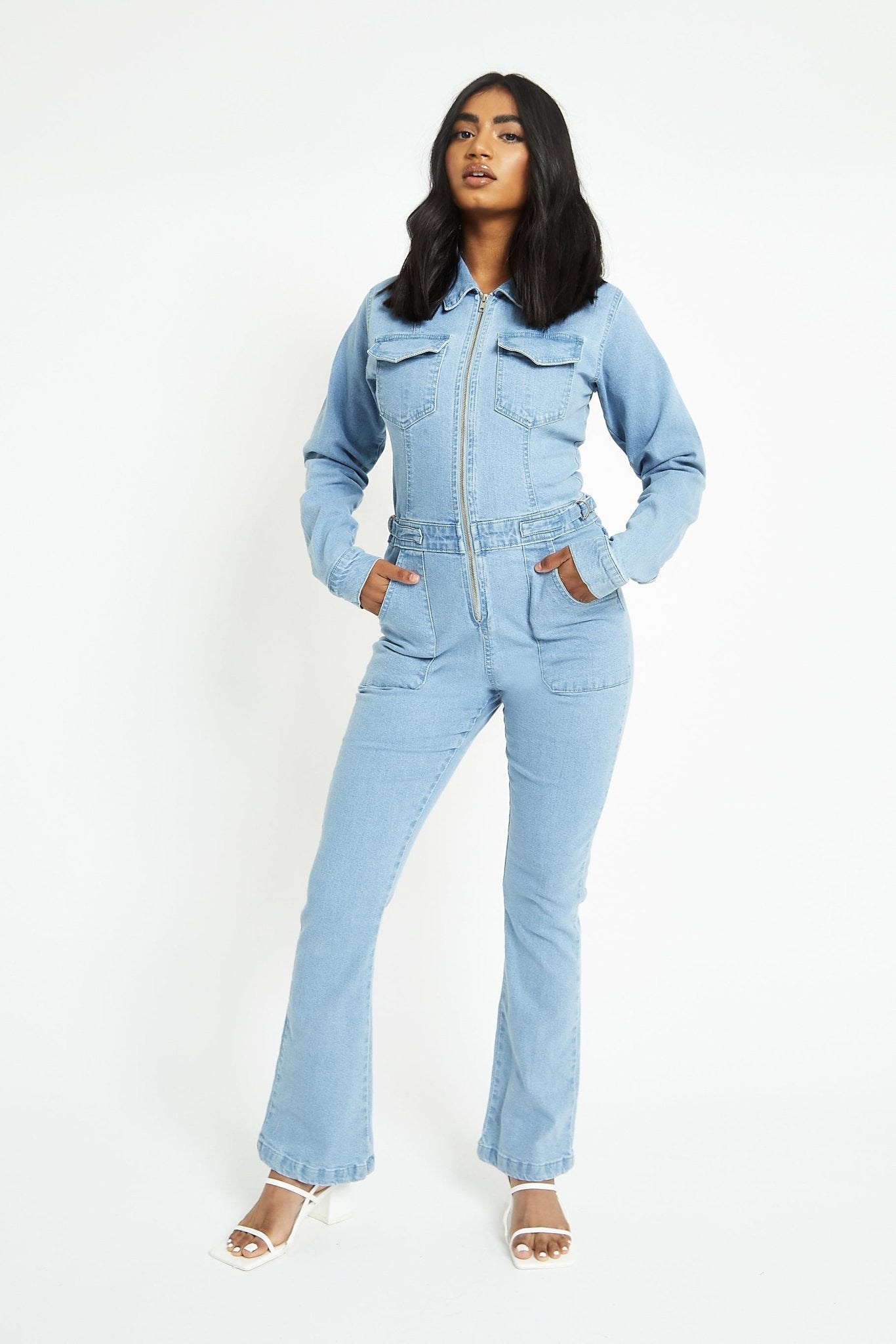 FIT AND FLARE DENIM JUMPSUIT - LIGHT BLUE WASH - JMOJO - Women's Denim Jumpsuits