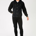 FLEECE HOODED DENIM JACKET - BLACK WASH - JMOJO - Men's Fleece Hooded Denim Jackets