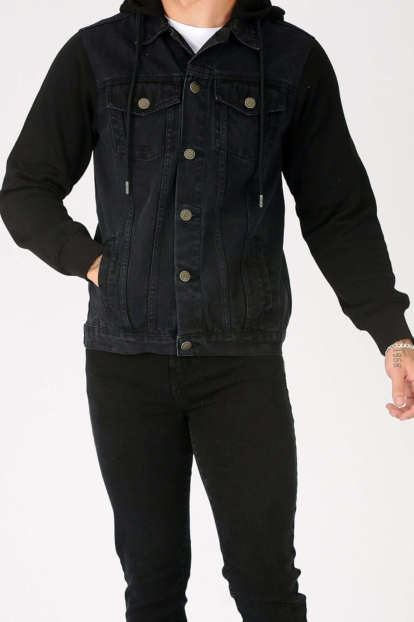 FLEECE HOODED DENIM JACKET - BLACK WASH - JMOJO - Men's Fleece Hooded Denim Jackets