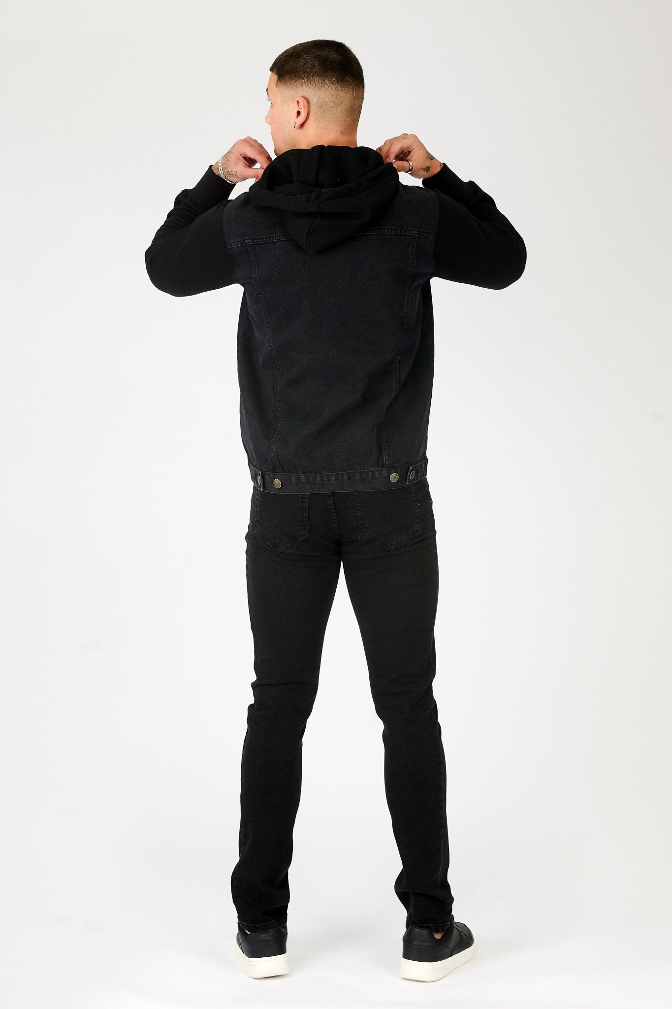 FLEECE HOODED DENIM JACKET - BLACK WASH - JMOJO - Men's Fleece Hooded Denim Jackets