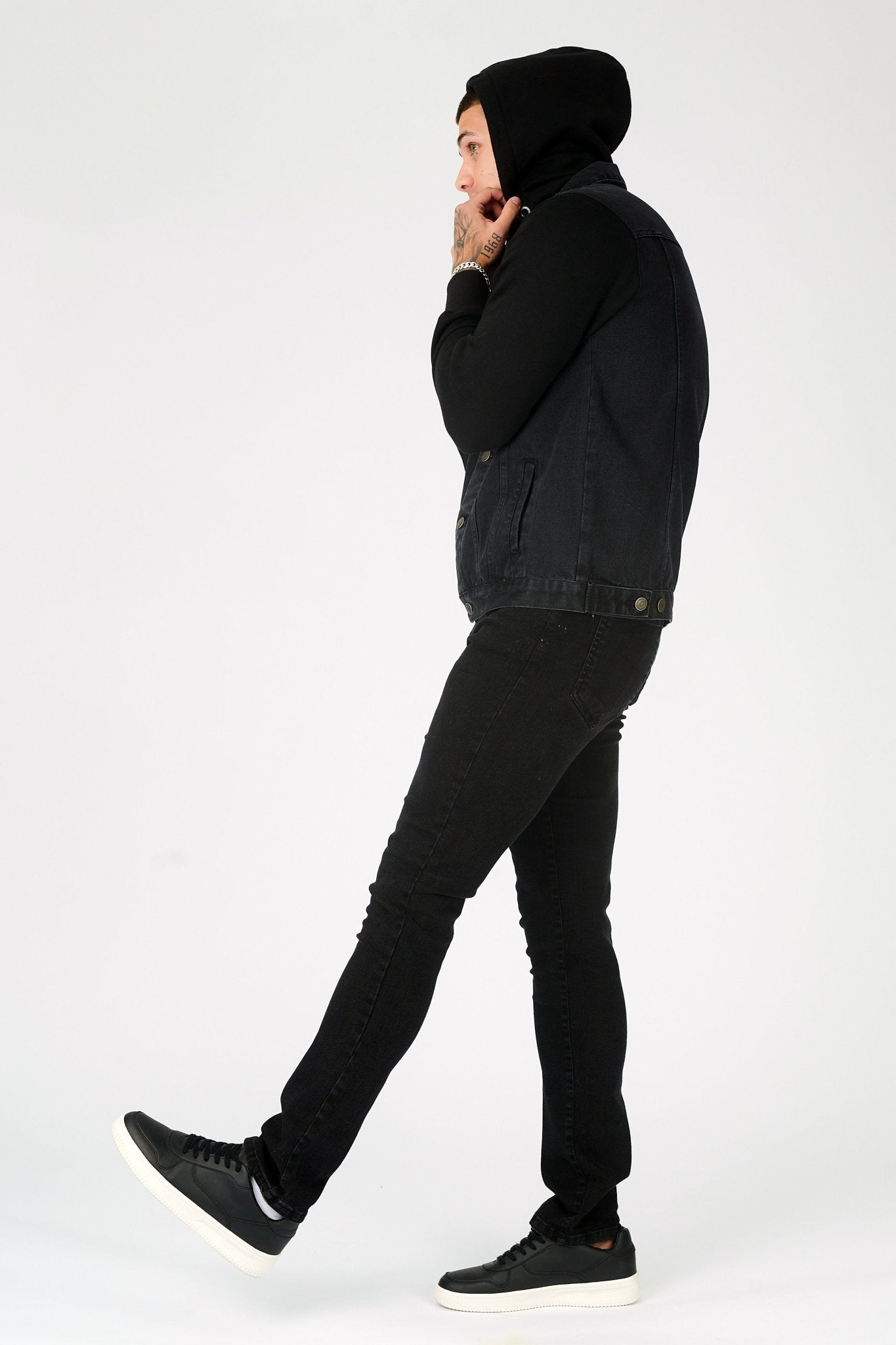 FLEECE HOODED DENIM JACKET - BLACK WASH - JMOJO - Men's Fleece Hooded Denim Jackets