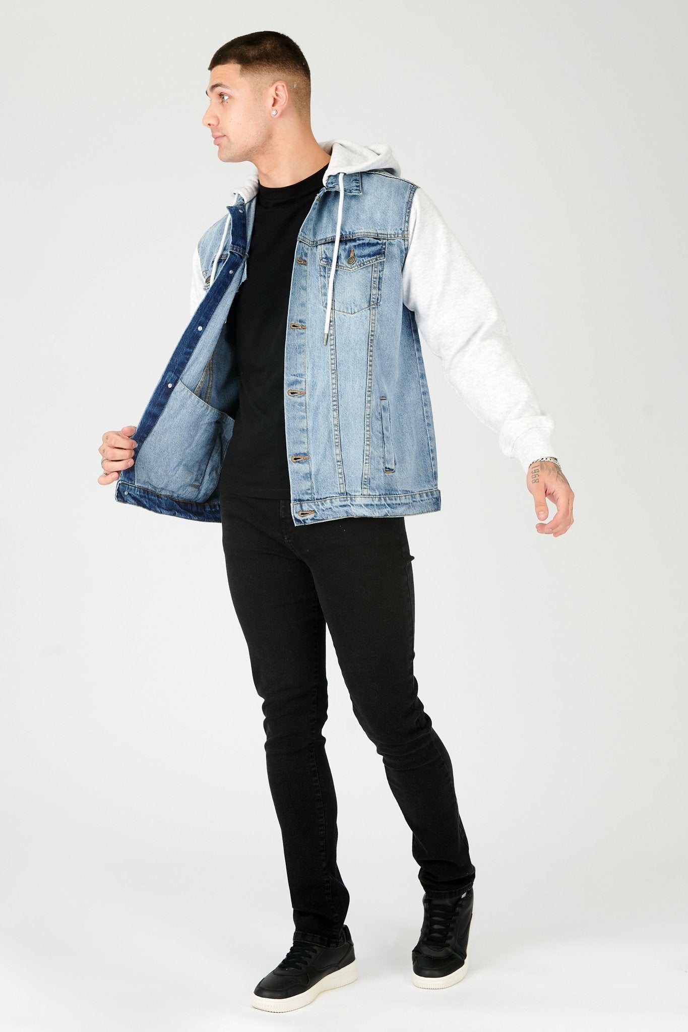FLEECE HOODED DENIM JACKET - LIGHT BLUE WASH - JMOJO - Men's Fleece Hooded Denim Jackets