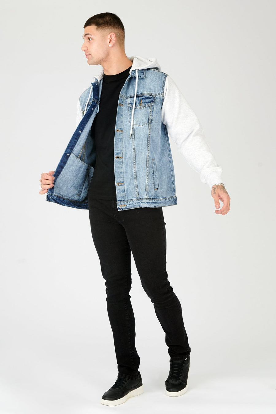 FLEECE HOODED DENIM JACKET - LIGHT BLUE WASH - JMOJO - Men's Fleece Hooded Denim Jackets