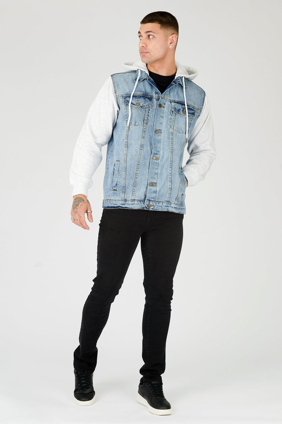 FLEECE HOODED DENIM JACKET - LIGHT BLUE WASH - JMOJO - Men's Fleece Hooded Denim Jackets