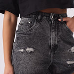 FRAYED DENIM SHORTS - BLACK ACID WASH - JMOJO - Women's Denim Shorts