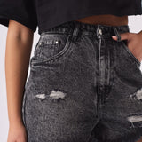 FRAYED DENIM SHORTS - BLACK ACID WASH - JMOJO - Women's Denim Shorts