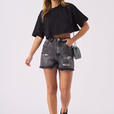 FRAYED DENIM SHORTS - BLACK ACID WASH - JMOJO - Women's Denim Shorts