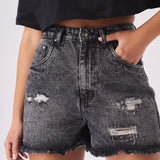 FRAYED DENIM SHORTS - BLACK ACID WASH - JMOJO - Women's Denim Shorts