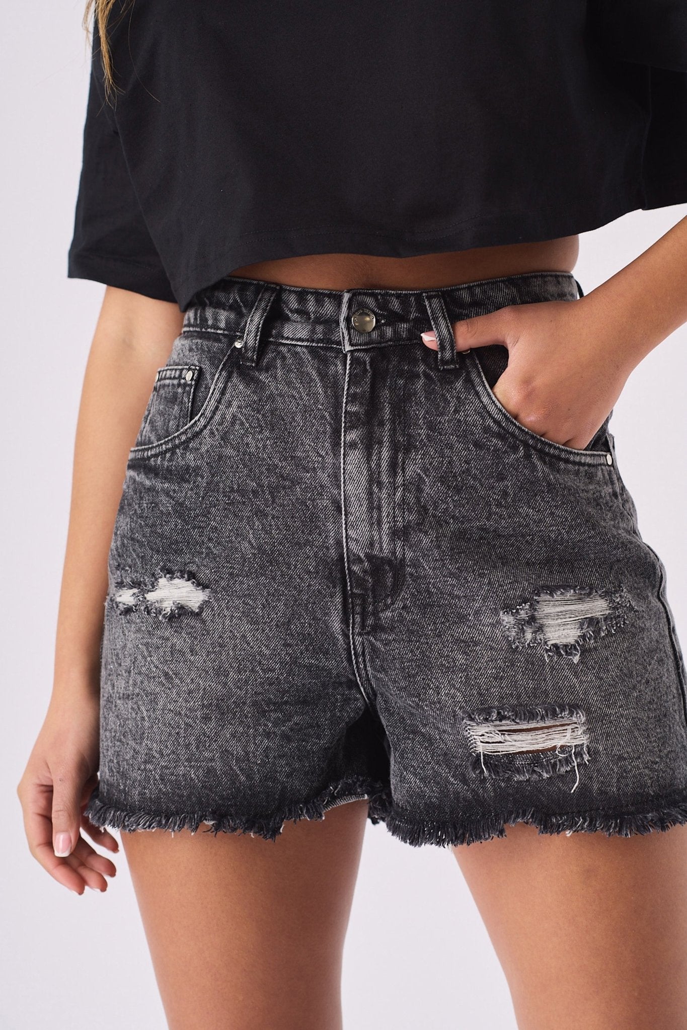 FRAYED DENIM SHORTS - BLACK ACID WASH - JMOJO - Women's Denim Shorts