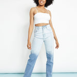 Gina High Waisted Two Tone Relaxed Straight Leg Jeans - Blue & White - JMOJO - Women's Straight Leg Jeans