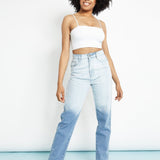 Gina High Waisted Two Tone Relaxed Straight Leg Jeans - Blue & White - JMOJO - Women's Straight Leg Jeans