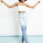 Gina High Waisted Two Tone Relaxed Straight Leg Jeans - Blue & White - JMOJO - Women's Straight Leg Jeans