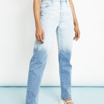 Gina High Waisted Two Tone Relaxed Straight Leg Jeans - Blue & White - JMOJO - Women's Straight Leg Jeans