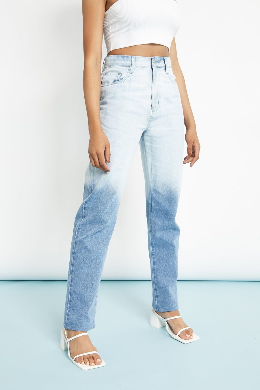 Gina High Waisted Two Tone Relaxed Straight Leg Jeans - Blue & White - JMOJO - Women's Straight Leg Jeans