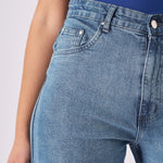 HIGH WAISTED TURN UP DENIM SHORTS - MID BLUE - JMOJO - Women's Denim Shorts