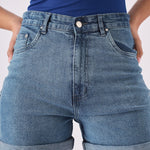 HIGH WAISTED TURN UP DENIM SHORTS - MID BLUE - JMOJO - Women's Denim Shorts