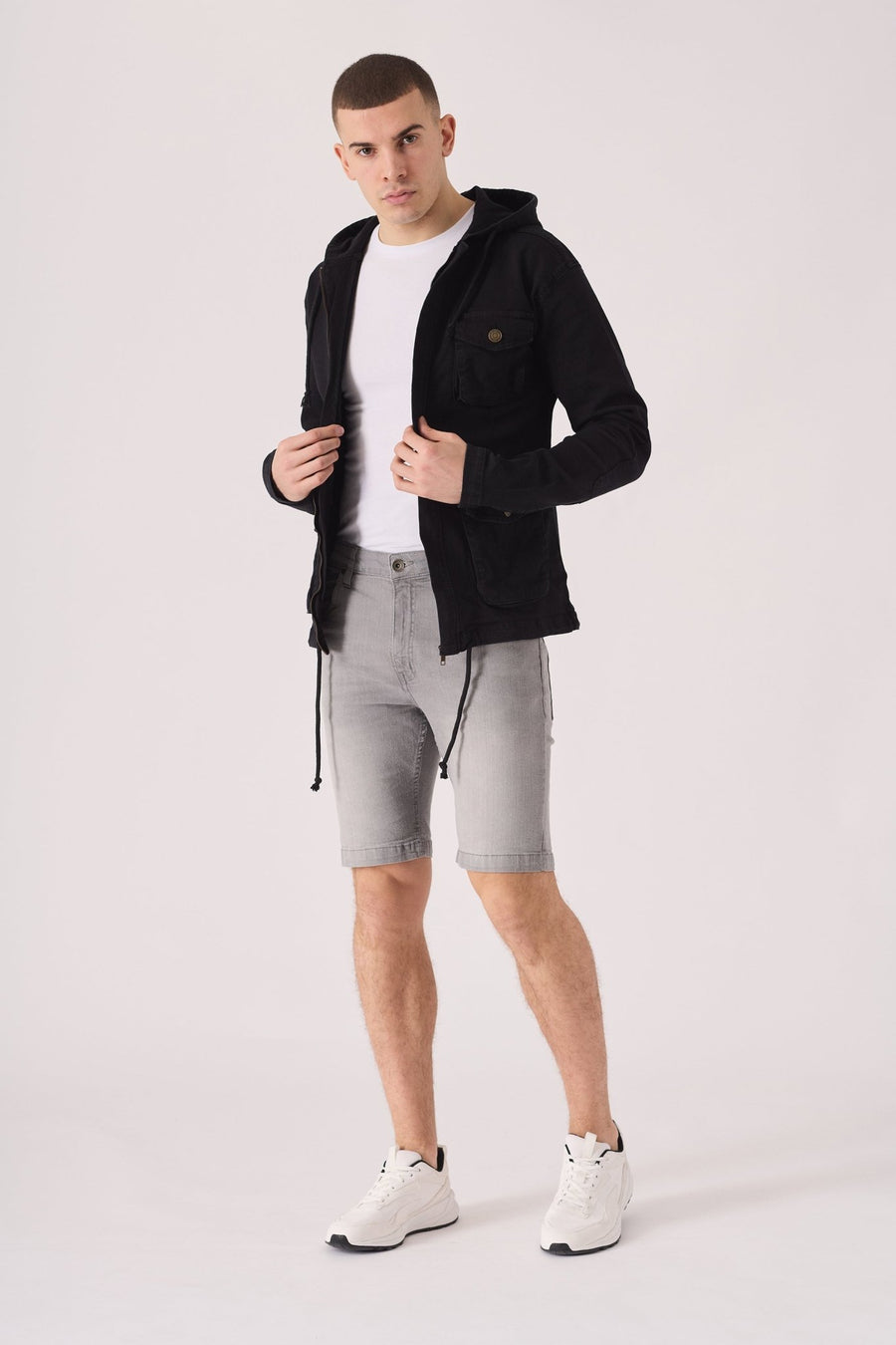 HOODED DENIM JACKET - BLACK - JMOJO - Men's Hooded Cargo Denim Jackets