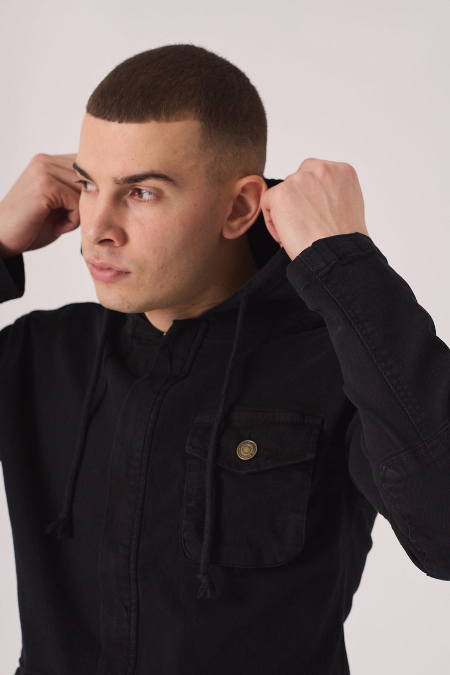 HOODED DENIM JACKET - BLACK - JMOJO - Men's Hooded Cargo Denim Jackets