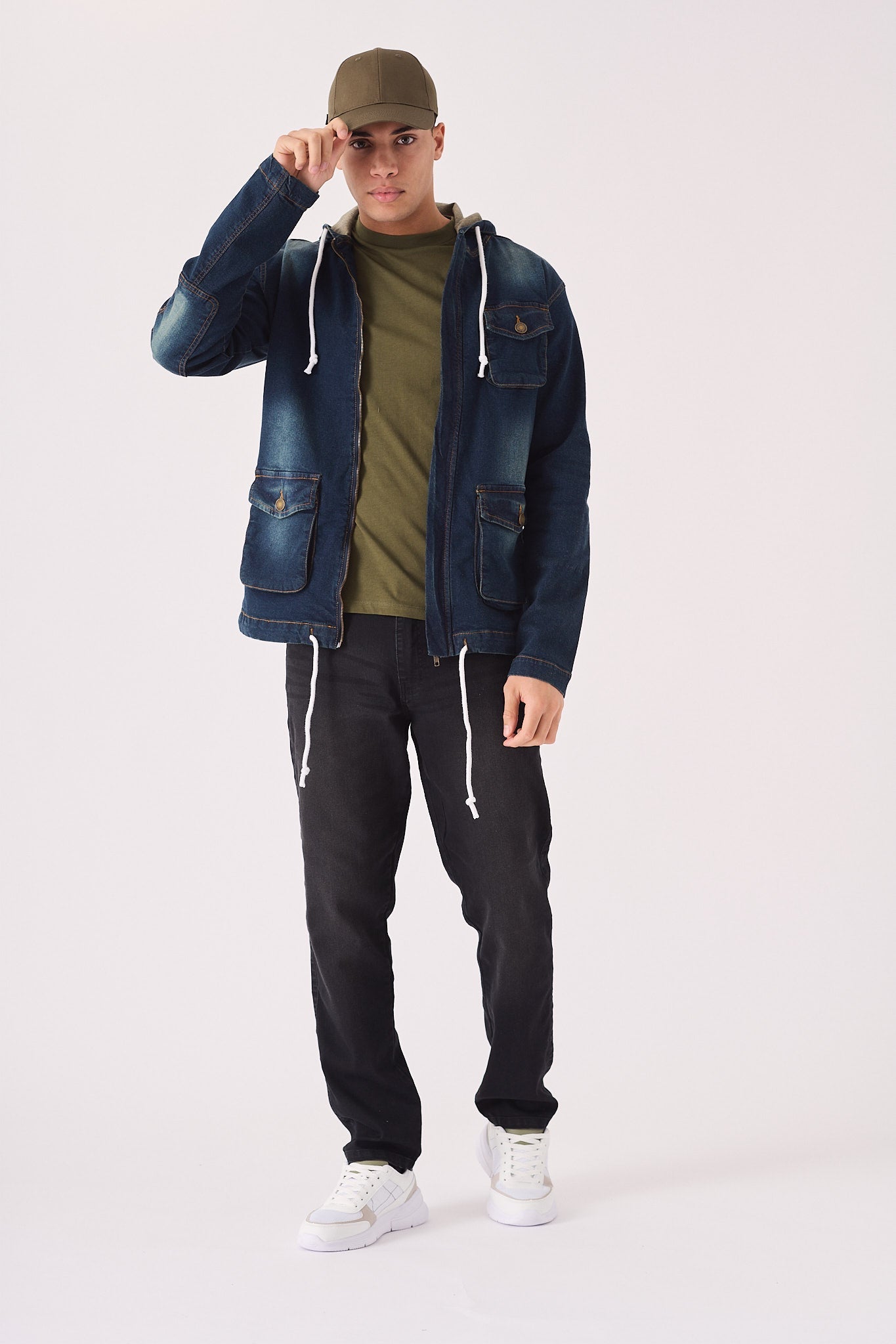 HOODED DENIM JACKET - INDIGO BLUE - JMOJO - Men's Hooded Cargo Denim Jackets