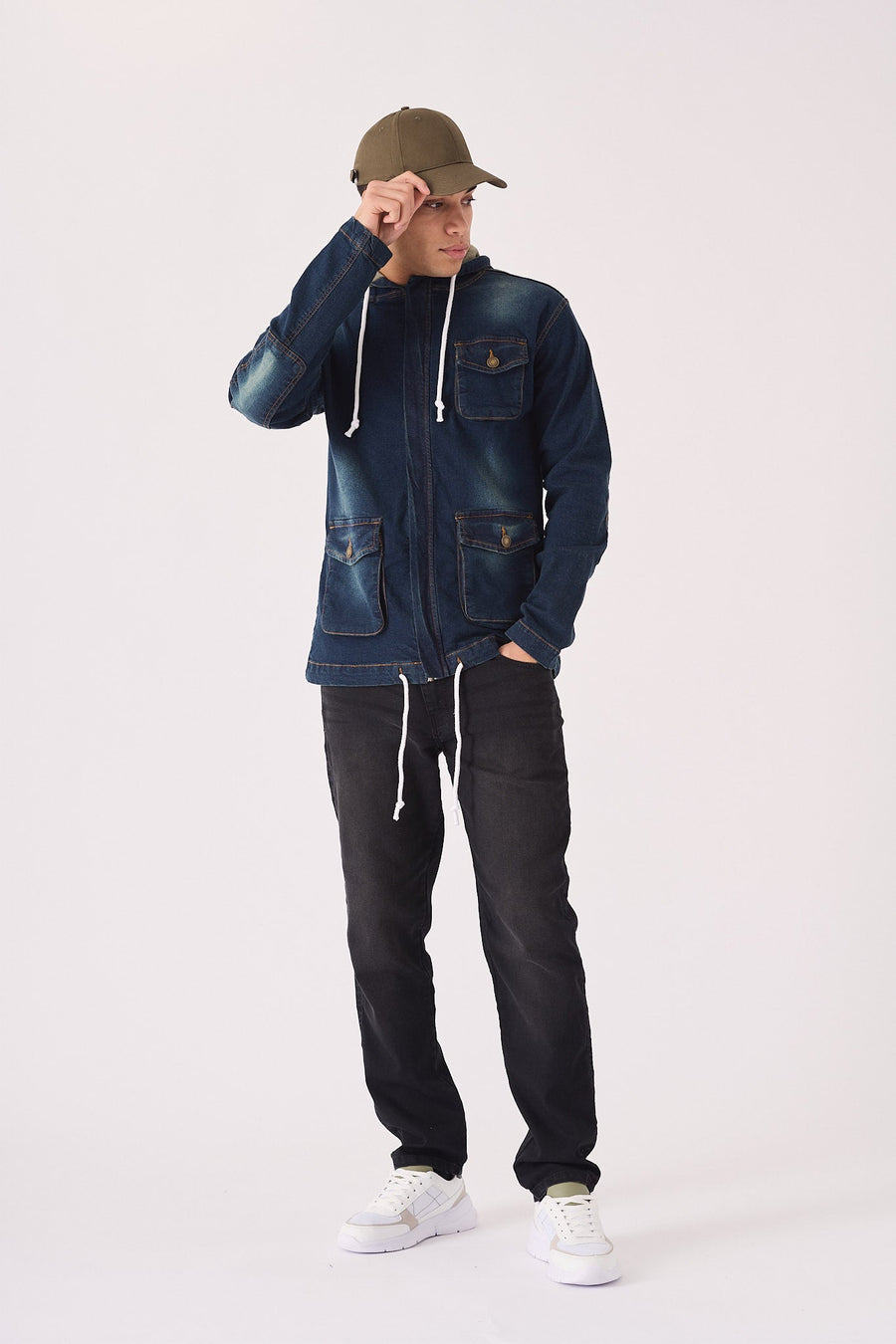 HOODED DENIM JACKET - INDIGO BLUE - JMOJO - Men's Hooded Cargo Denim Jackets