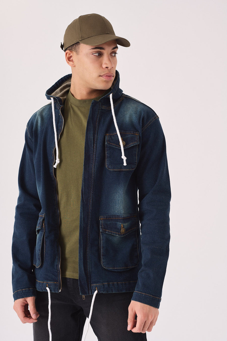 HOODED DENIM JACKET - INDIGO BLUE - JMOJO - Men's Hooded Cargo Denim Jackets