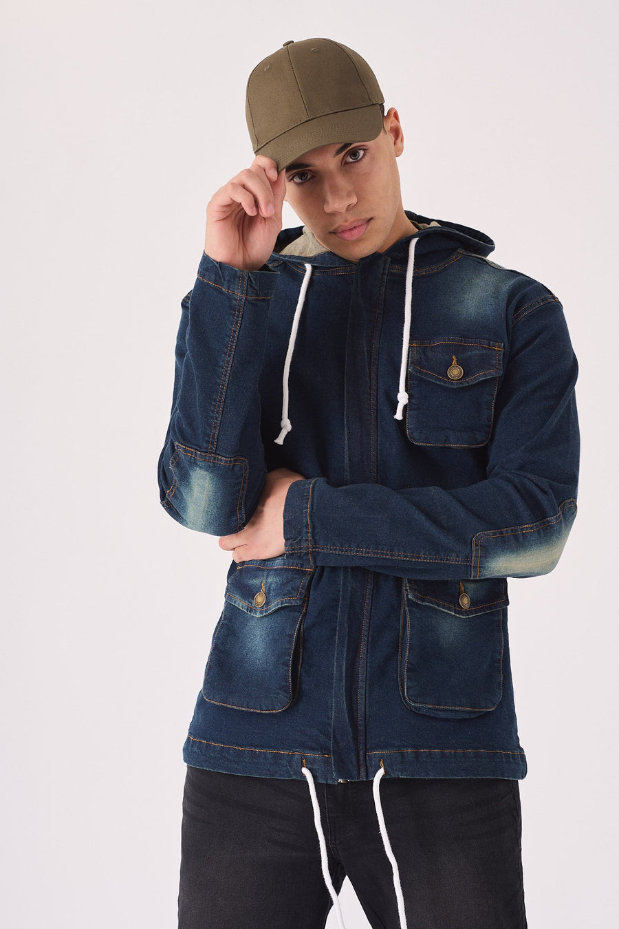 HOODED DENIM JACKET - INDIGO BLUE - JMOJO - Men's Hooded Cargo Denim Jackets