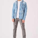HOODED DENIM JACKET - LIGHT BLUE WASH - JMOJO - Men's Hooded Cargo Denim Jackets